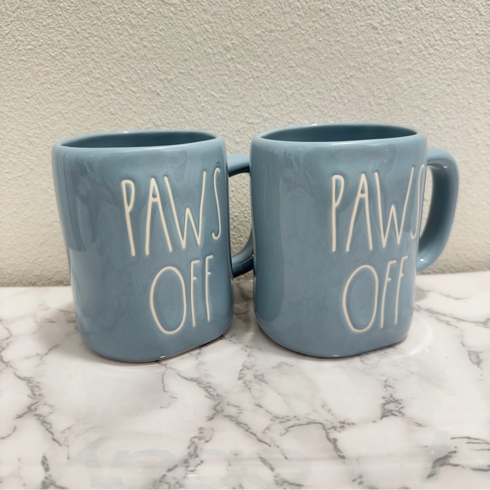 RAE DUNN Blue Ceramic “PAWS OFF” Mug 2 Pcs New